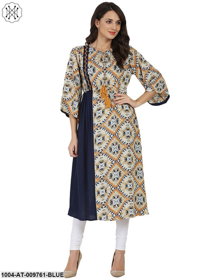 Blue Printed 3/4Th Sleeve Rayon Anarkali Kurta With Embroidery Work