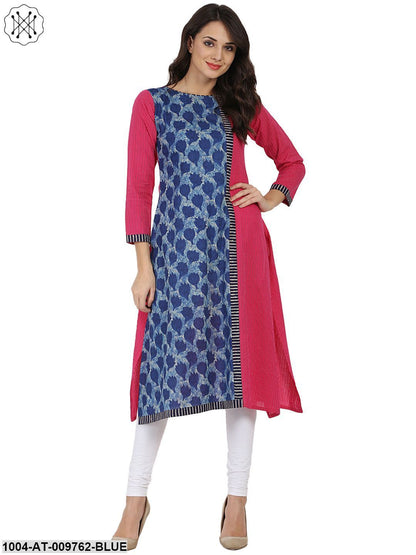 Blue & Pink Printed 3/4Th Sleeve Cotton Kurta