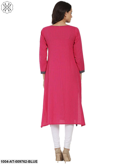 Blue & Pink Printed 3/4Th Sleeve Cotton Kurta
