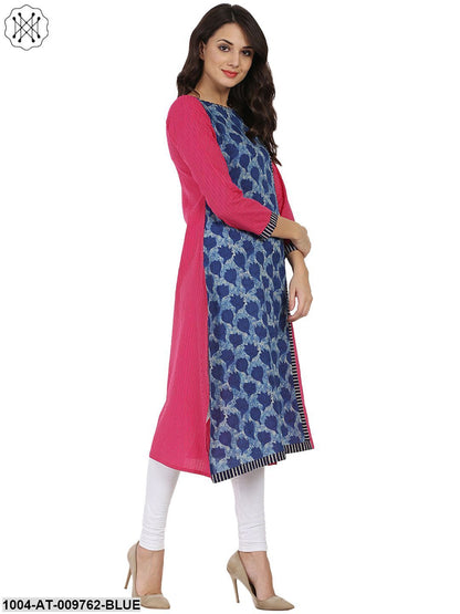 Blue & Pink Printed 3/4Th Sleeve Cotton Kurta