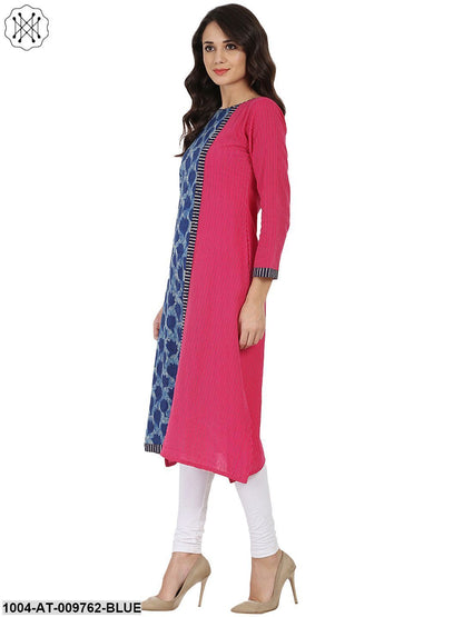 Blue & Pink Printed 3/4Th Sleeve Cotton Kurta