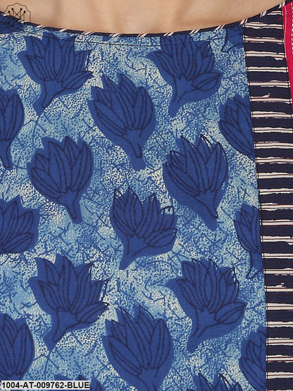 Blue & Pink Printed 3/4Th Sleeve Cotton Kurta