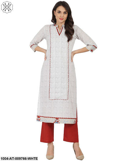 White Printed 3/4Th Sleeve Cotton A-Line Kurta