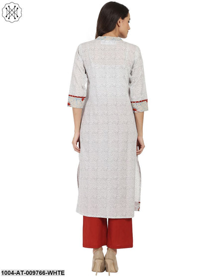 White Printed 3/4Th Sleeve Cotton A-Line Kurta