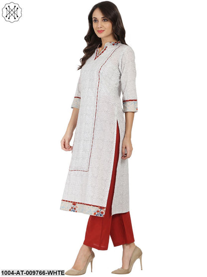 White Printed 3/4Th Sleeve Cotton A-Line Kurta