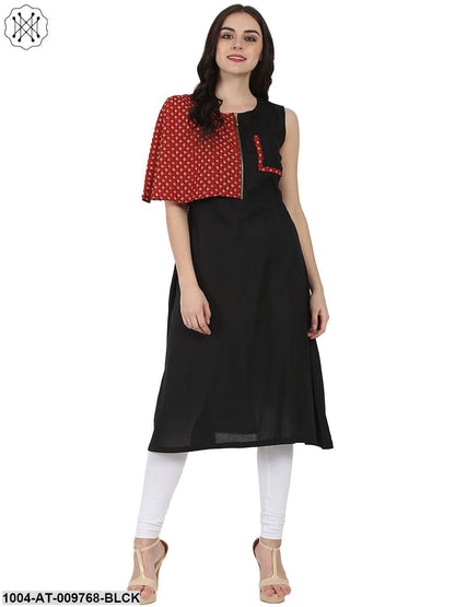 Black Printed Sleeveless Cotton A-Line Kurta