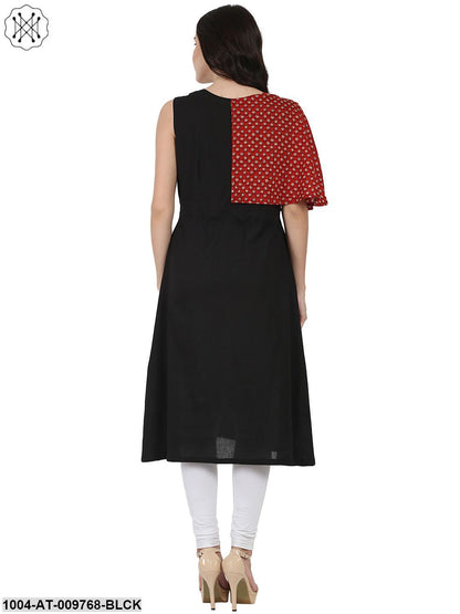 Black Printed Sleeveless Cotton A-Line Kurta