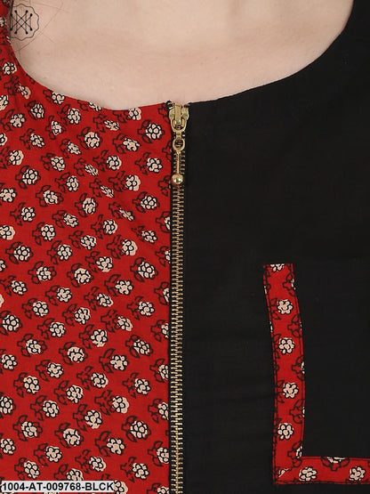 Black Printed Sleeveless Cotton A-Line Kurta