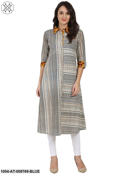 Blue Printed 3/4Th Sleeve Cotton A-Line Front Open Kurta
