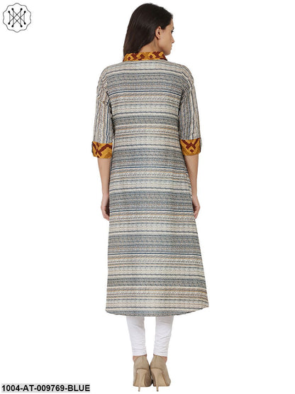 Blue Printed 3/4Th Sleeve Cotton A-Line Front Open Kurta