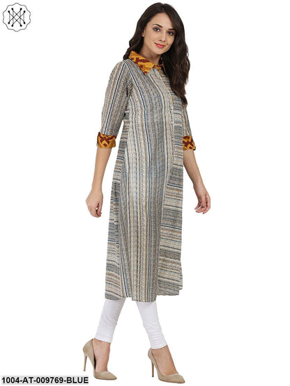 Blue Printed 3/4Th Sleeve Cotton A-Line Front Open Kurta