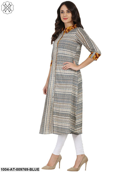 Blue Printed 3/4Th Sleeve Cotton A-Line Front Open Kurta
