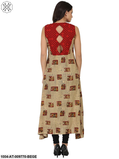 Beige Printed Sleeveless Cotton Anarkali Kurta