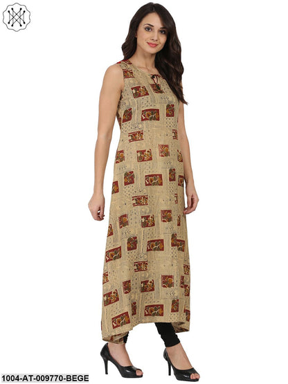 Beige Printed Sleeveless Cotton Anarkali Kurta