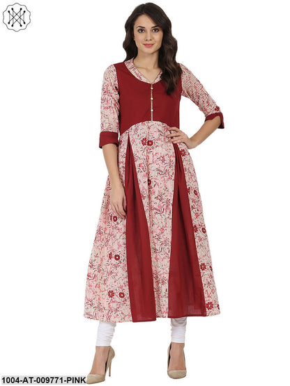 Pink & Maroon Printed 3/4Th Sleeve Cotton Anarkali Kurta