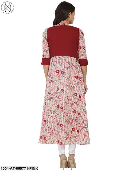 Pink & Maroon Printed 3/4Th Sleeve Cotton Anarkali Kurta