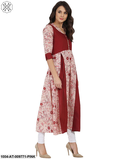 Pink & Maroon Printed 3/4Th Sleeve Cotton Anarkali Kurta