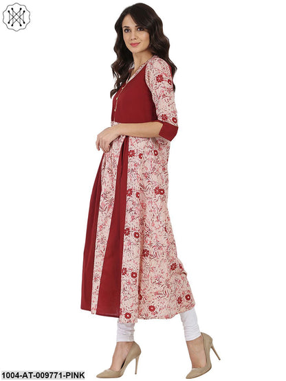 Pink & Maroon Printed 3/4Th Sleeve Cotton Anarkali Kurta
