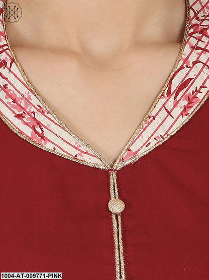 Pink & Maroon Printed 3/4Th Sleeve Cotton Anarkali Kurta