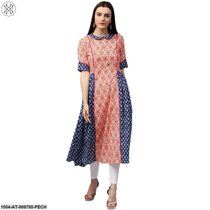 Peach & Blue Printed 3/4Th Sleeve Cotton Slub A-Line Kurta