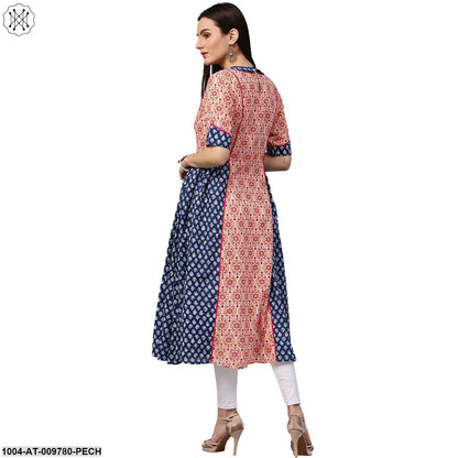 Peach & Blue Printed 3/4Th Sleeve Cotton Slub A-Line Kurta