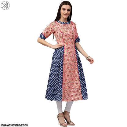 Peach & Blue Printed 3/4Th Sleeve Cotton Slub A-Line Kurta