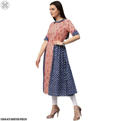 Peach & Blue Printed 3/4Th Sleeve Cotton Slub A-Line Kurta