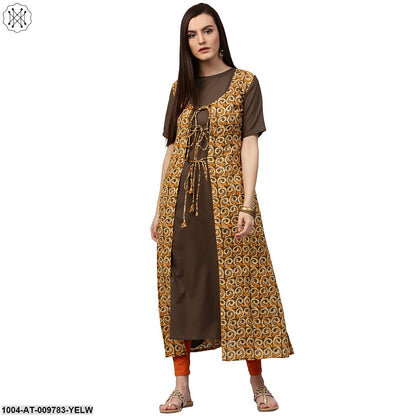 Dark Green Half Sleeve Cotton Kurta With Yellow Printed Floor Length Jacket