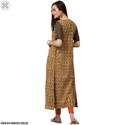 Dark Green Half Sleeve Cotton Kurta With Yellow Printed Floor Length Jacket