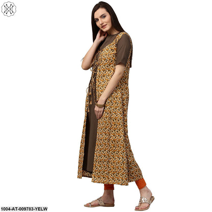 Dark Green Half Sleeve Cotton Kurta With Yellow Printed Floor Length Jacket