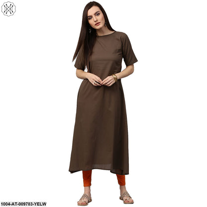 Dark Green Half Sleeve Cotton Kurta With Yellow Printed Floor Length Jacket