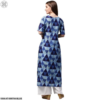 Blue Printed Half Sleeve Cotton Straight Kurta With Pocket