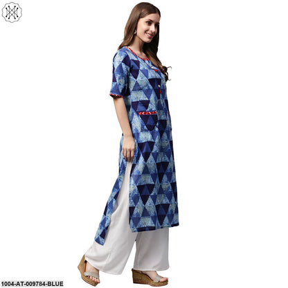 Blue Printed Half Sleeve Cotton Straight Kurta With Pocket
