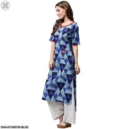 Blue Printed Half Sleeve Cotton Straight Kurta With Pocket