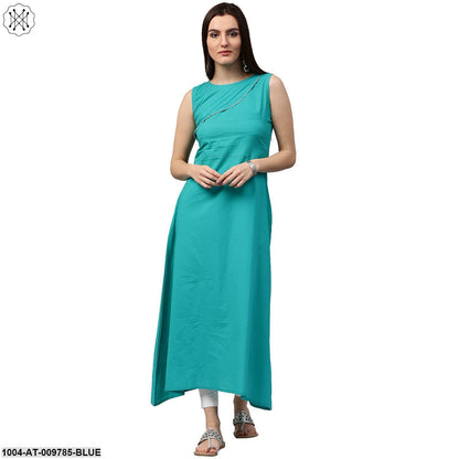 Blue Sleeveless Cotton A-Line Kurta