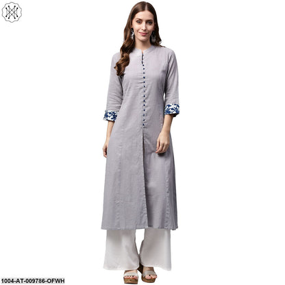 Off White 3/4Th Sleeve Cotton A-Line Kurta