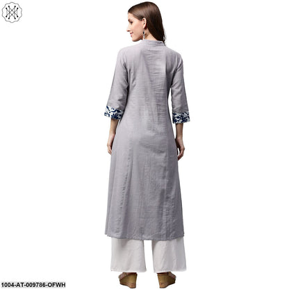 Off White 3/4Th Sleeve Cotton A-Line Kurta