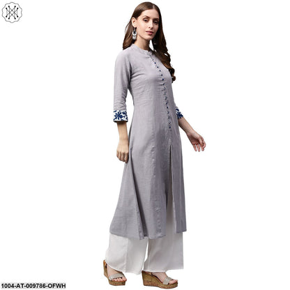 Off White 3/4Th Sleeve Cotton A-Line Kurta