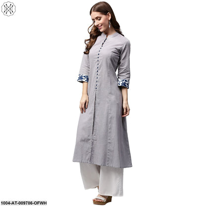 Off White 3/4Th Sleeve Cotton A-Line Kurta