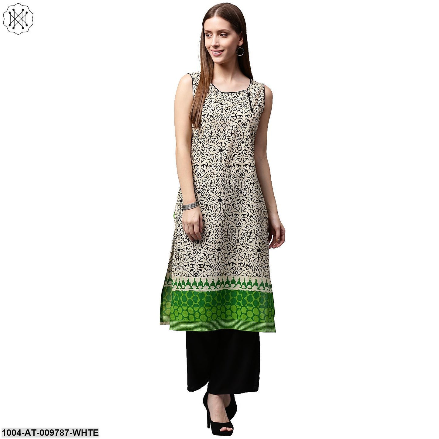 White Printed Sleeveless Cotton Kurta