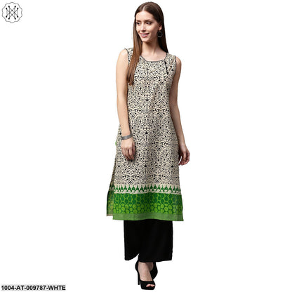 White Printed Sleeveless Cotton Kurta