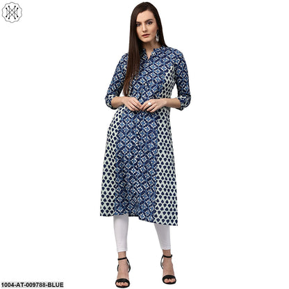 Blue Printed 3/4Th Sleeve Cotton A-Line Kurta