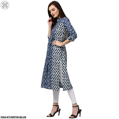 Blue Printed 3/4Th Sleeve Cotton A-Line Kurta