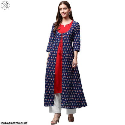 Blue Printed 3/4Th Sleeve Cotton A-Line Double Layer Kurta
