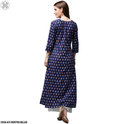 Blue Printed 3/4Th Sleeve Cotton A-Line Double Layer Kurta