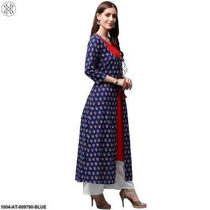 Blue Printed 3/4Th Sleeve Cotton A-Line Double Layer Kurta