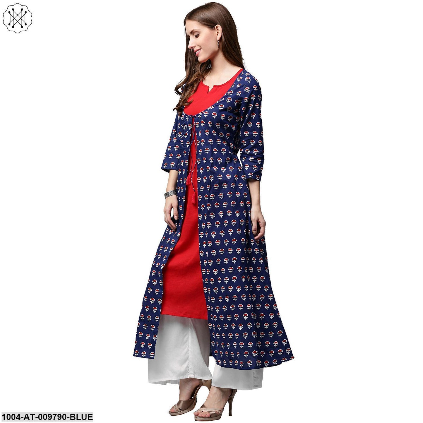 Blue Printed 3/4Th Sleeve Cotton A-Line Double Layer Kurta