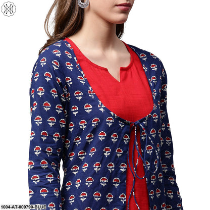Blue Printed 3/4Th Sleeve Cotton A-Line Double Layer Kurta