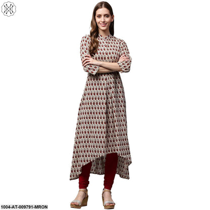 Off White And Maroon Printed 3/4Th Sleeve Cotton A-Line Kurta
