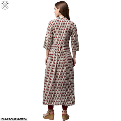 Off White And Maroon Printed 3/4Th Sleeve Cotton A-Line Kurta
